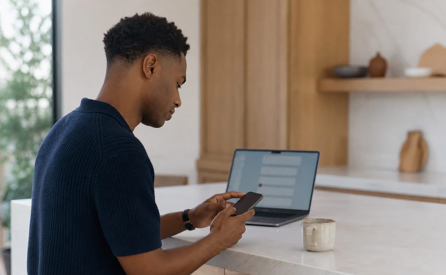 A buyer acting on a recommendation after researching on a laptop and phone, the kind of high-intent visit AI search tends to send.