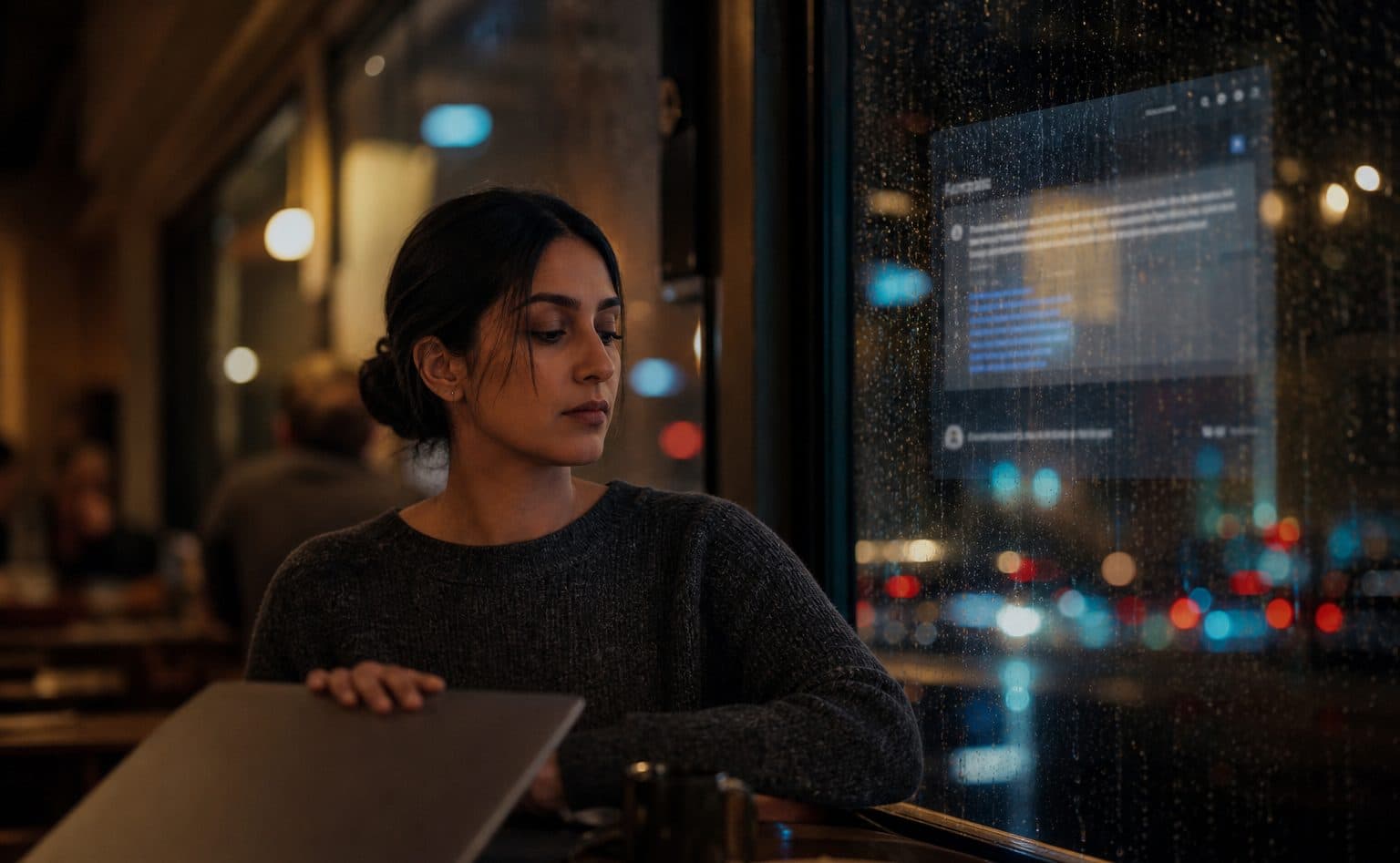 A person closing a laptop after getting an answer without visiting a website, with a faint search overlay still visible in the window glass.