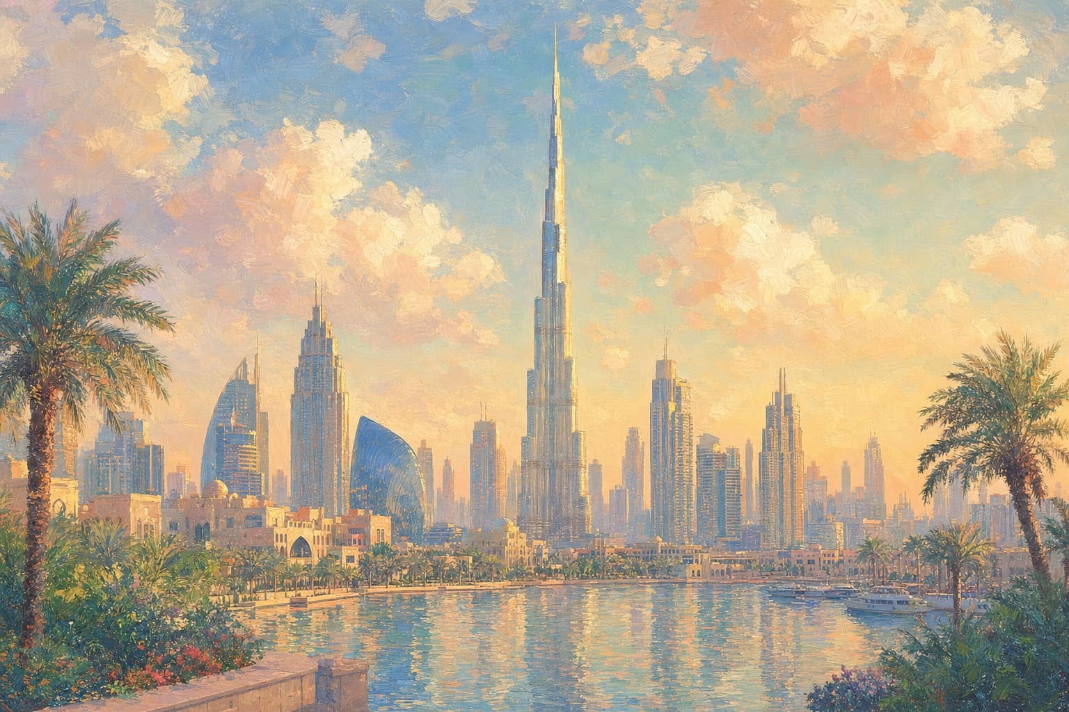 Painted illustration of the Dubai skyline