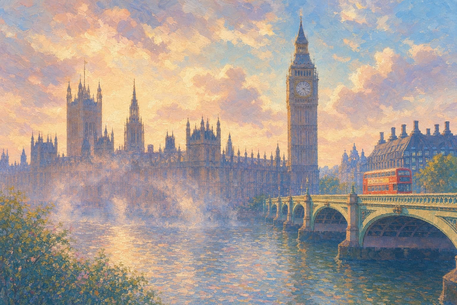 Painted illustration of the London skyline